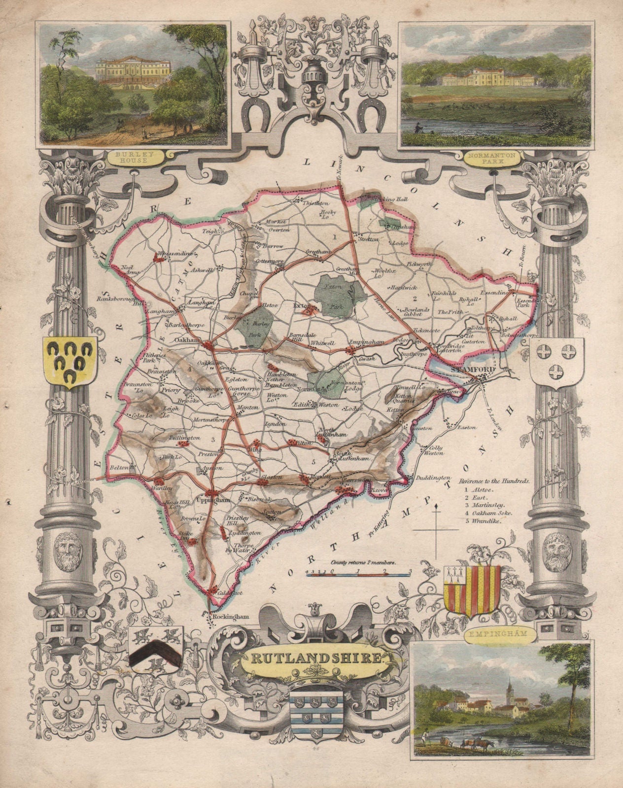 Rutlandshire antique county map hand coloured in outline. MOULE c1840 old